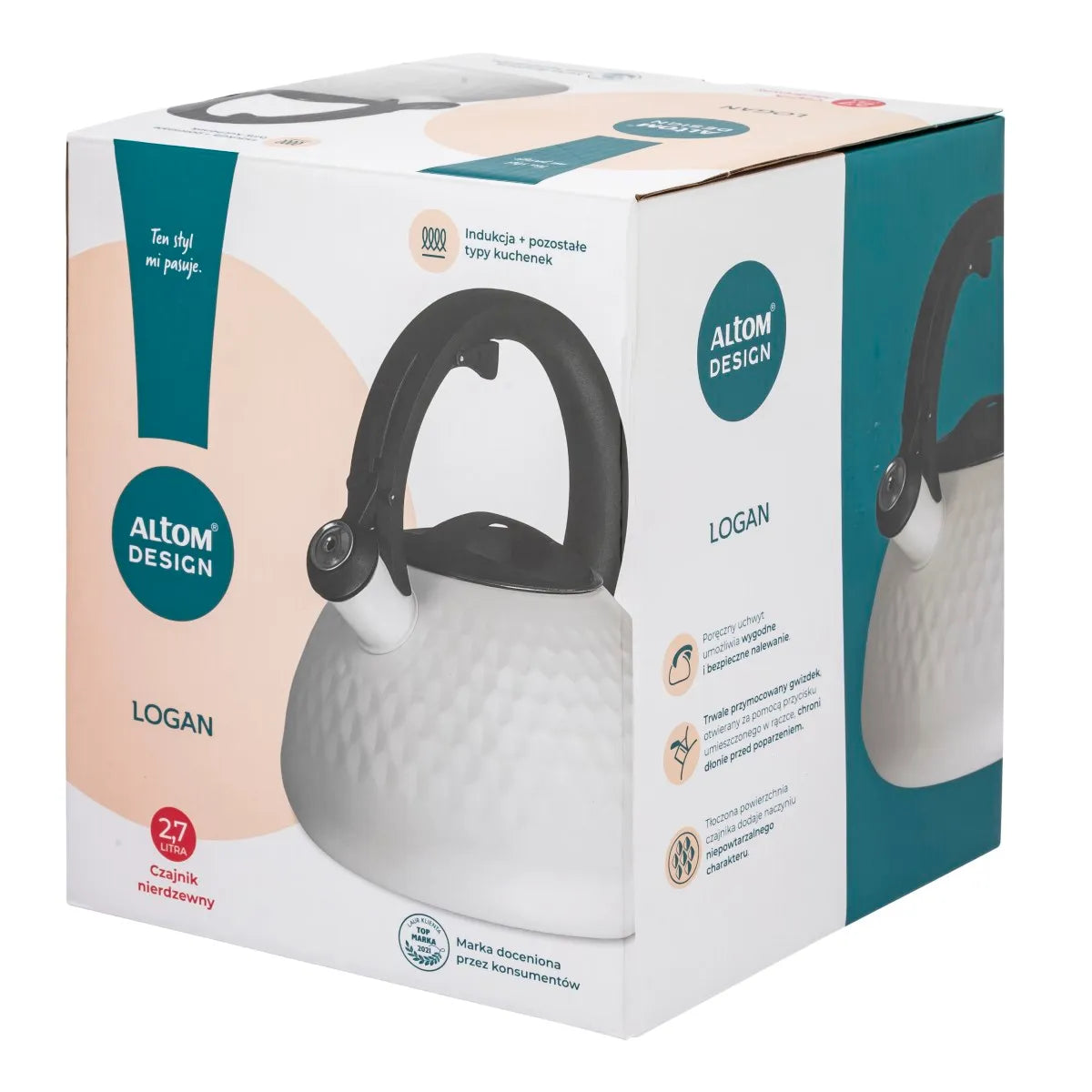 Czajnik Altom Design Logan bialy gwizdzacy stal nierdzewna 2,7 l